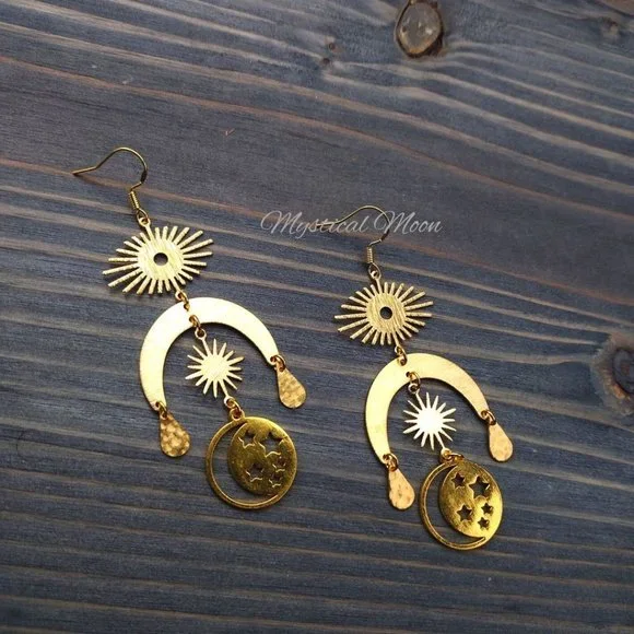 Cosmic Moon Chandelier Earrings with Sun & Moon Handmade Witchy Jewelry - Picture 2 of 5